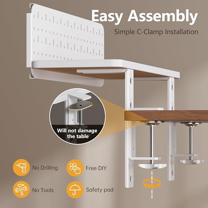 Clamp on Desk Extender Shelf, 22" Desk Riser with Pegboard | Heavy-Duty Side/Top Desk Organizer Shelf for Office Accessories, Monitor and Laptop Riser, Light Wood
