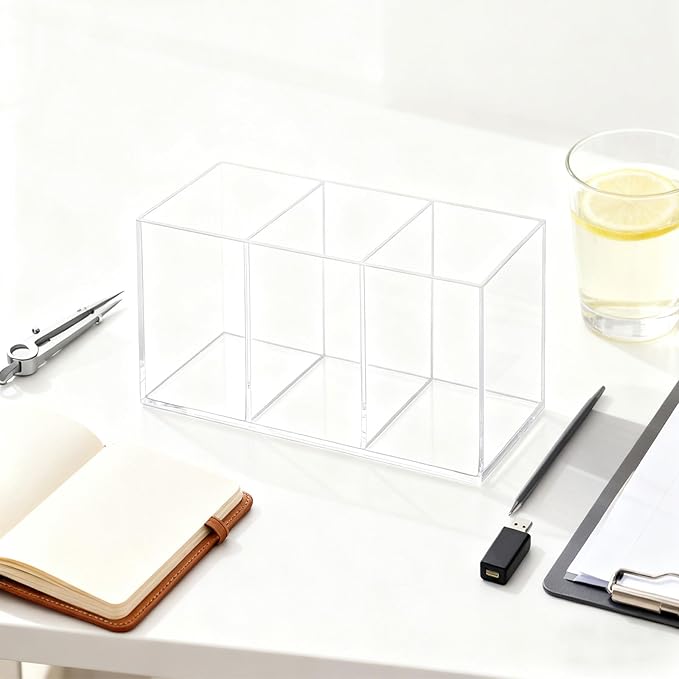 Clear Acrylic 3-Section Pen Organizer Caddy, Desktop Storage Holder for Office Supplies, Utensils, Makeup, and Home Use