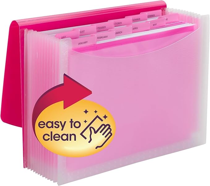 Smead Poly Frequency Expanding File Folders, Flap and Cord Closure, Letter Size, Wave Pattern, 13 Pocket, Pink/Clear (70864)