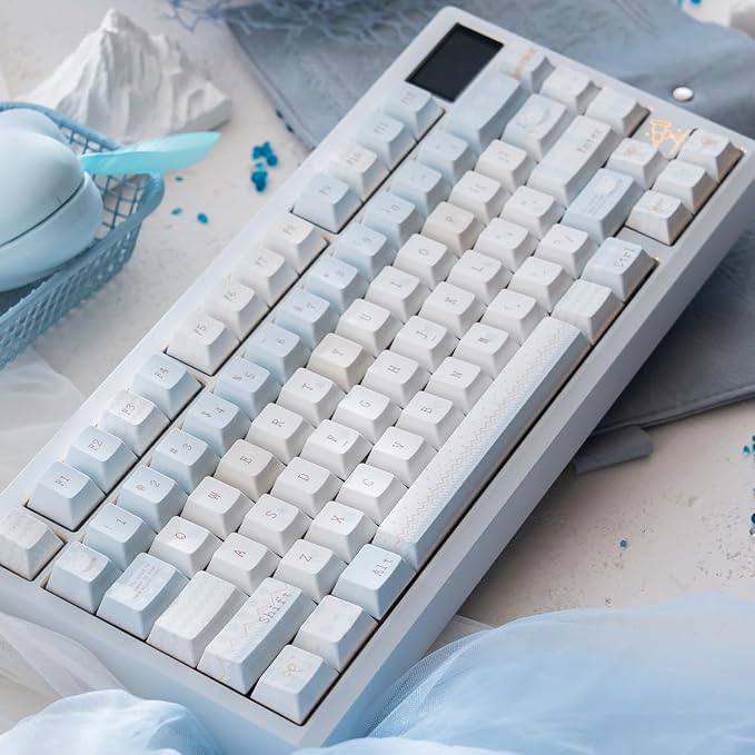 PBT Keycaps, Minimalist Blue Keycaps Set, 136 Keys Cherry Profile Keyboard Caps, Custom Dye-Sublimation Key Cap for 61/64/68/84/87/100/104/108 Cherry MX Mechanical Keyboards (Winter Letter)