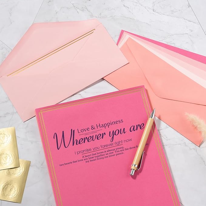 50 Pack Colored Stationery Set, 5 Colors #10 Business Envelopes, 50 Sheets 8.5x11 Paper Sheet and Gold Stickers for Office, Letters, Invitations (Pink)