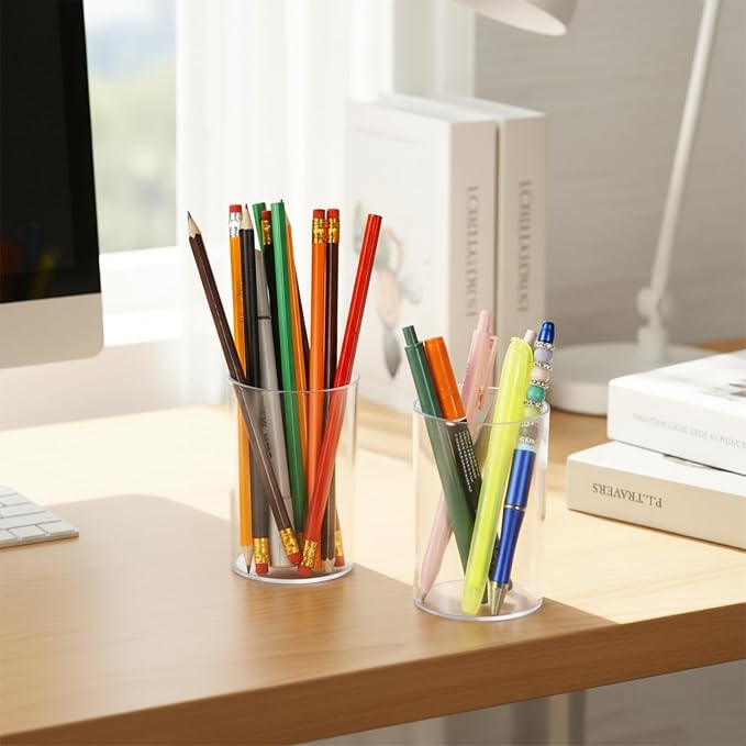 Kifmurase 8 Pack Clear Acrylic Pen Holder, Round Pencil Holder for Desk Pen Cups Makeup Brush Holders Stationery Organizer for Office School Home Desk Accessories