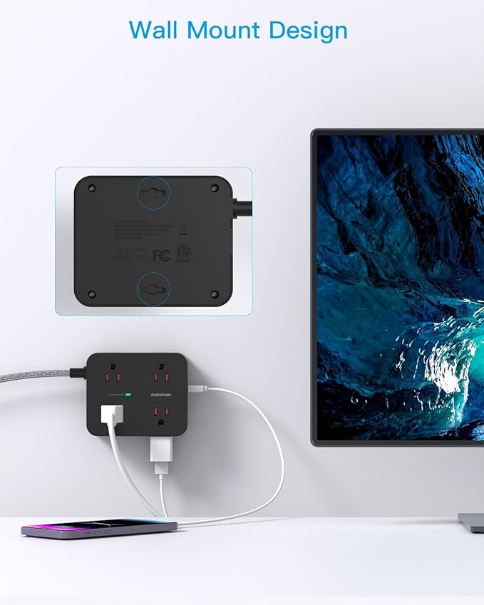 Extension Cord 20 Ft, HANYCONY Power Strip Surge Protector with 8 Outlets 4 USB Ports(2 USB C), Long Cord, Flat Plug, Wall Mount, Desk USB Charging Station for Home Office Essentials