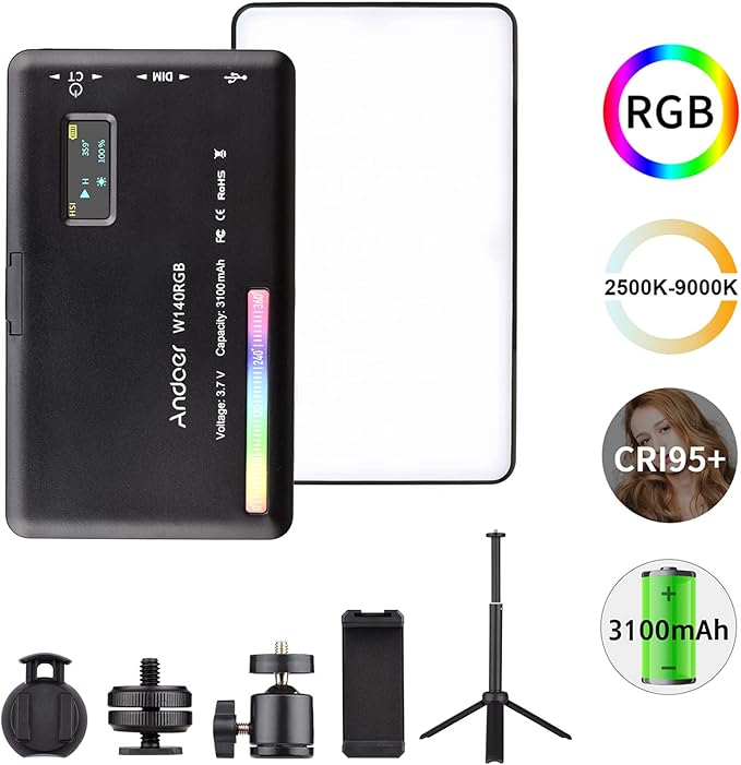 Andoer W140 RGB LED Video Light Kit Pocket Video Conference Lighting CRI95+ 2500K-9000K Dimmable 20 Lighting Effects with Desktop Tripod Ballhead Phone Holder Computer Clip Cold Shoe Adapter