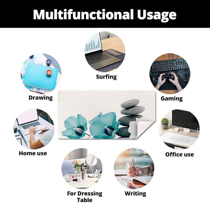 QIYI Desk Pad, Non-Slip PU Leather Desk Blotter Protector, Kids Floral Print Waterproof Computer Desk Mat, Thick Home & Office Large Keyboard Mouse Pad 31.5" x 15.7" - Pebbles & Blue White Flowers
