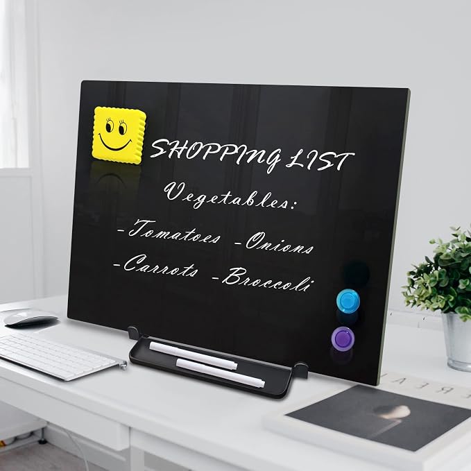 Black Magnetic Glass Board Desktop Easel, 16x12 Black Dry Erase Board for Desk, Tabletop Glass Whiteboard on Adjustable Stand, ZHIDIAN Portable Tempered Glass Board for Office Home