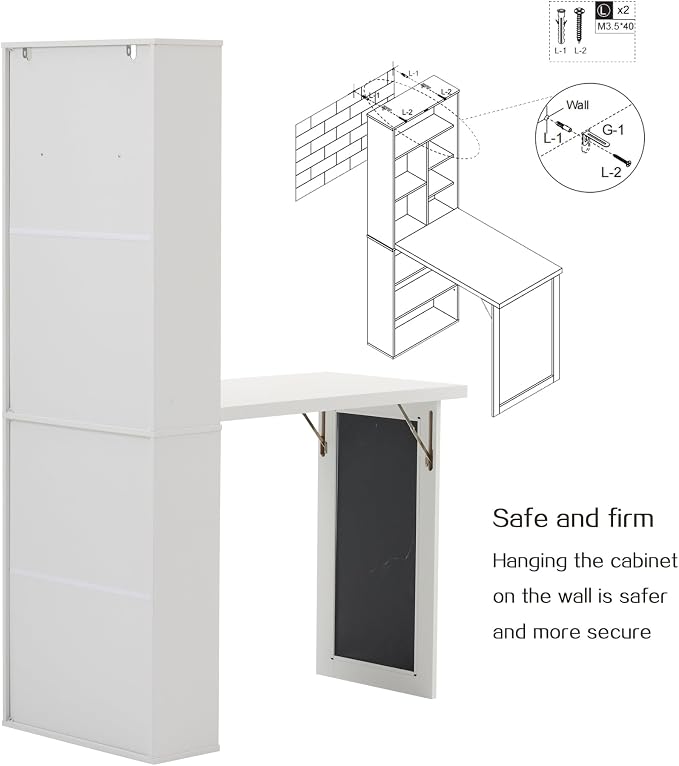 Folding Desk with Storage,Foldable Convertible Writing table with Blackboard and Shelves,Wall Mount Fold Out Table Cabinet , Space-Saving Murphy Desk Multi-Function Home Office Workstation (White)