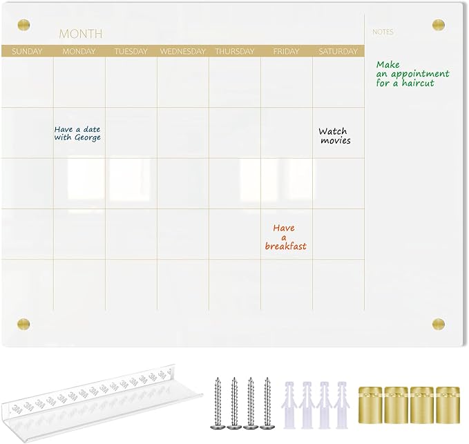 TORASO Glass Dry Erase White Board Monthly Calendar Board, Glass WhiteBoard for Wall, 11.8"x15.7", Planner Board for Home, Office, Schoo( Monthly-WH-3040)