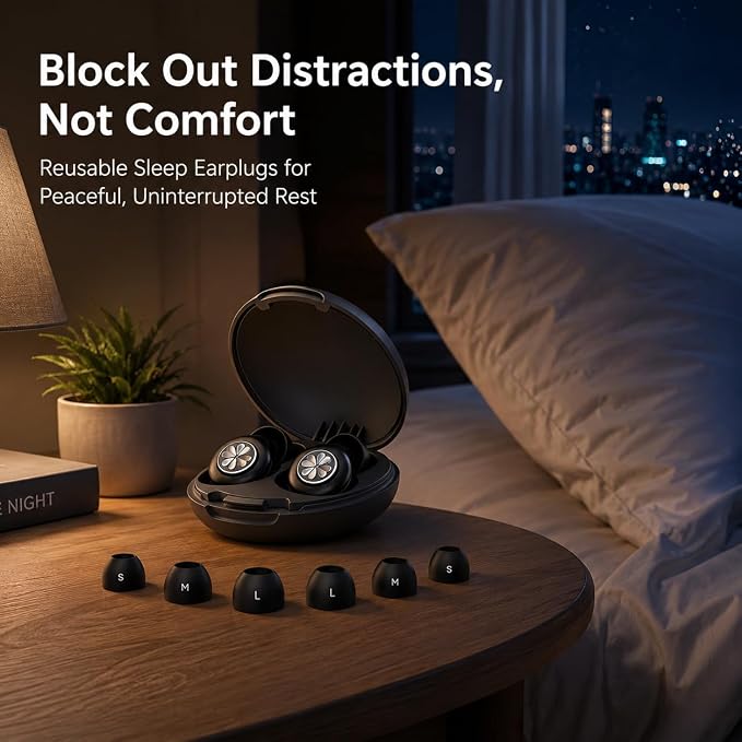 45dB Ear Plugs for Sleeping, Soft Silicone for Side Sleepers, 4 Sizes | Reusable soft silicone with XS/S/M/L sizes for side sleepers, concerts, flights and hotels; carrying case included.