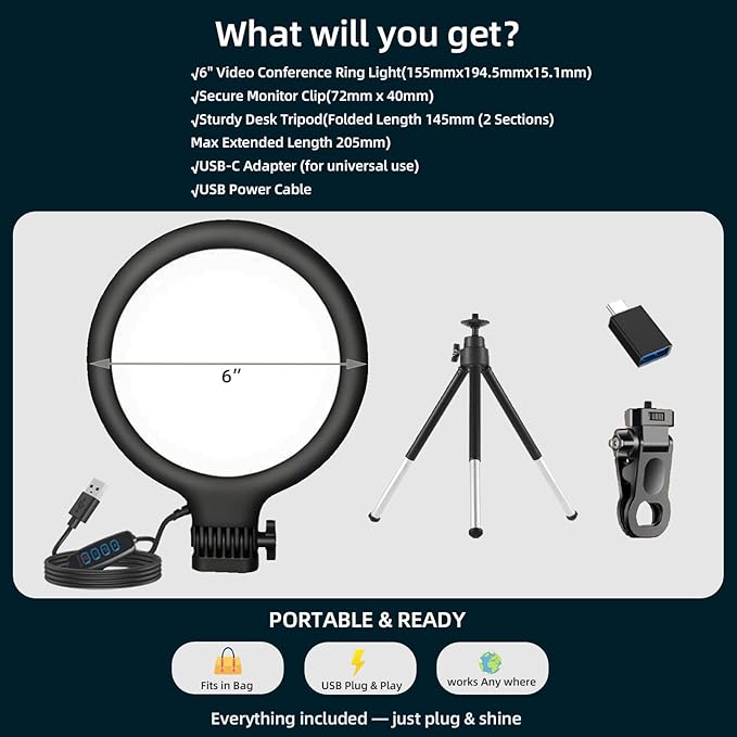 Computer Video Conference Lighting for Zoom: 6in Dimmable 3200K-6500K Ring Light with Monitor Clip & Desk Tripod - Professional Eye-Caring Webcam Light for Home Office Teams Video Calls & Streaming