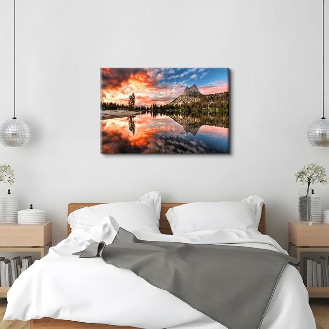 Colorful Sunset Landscape Wall Art Nature Mountain Lake Wall Decor California Yosemite National Park Forest Pictures for Bedroom Skyline Painting Canvas Posters Large Artwork Office Decorations 32x48"