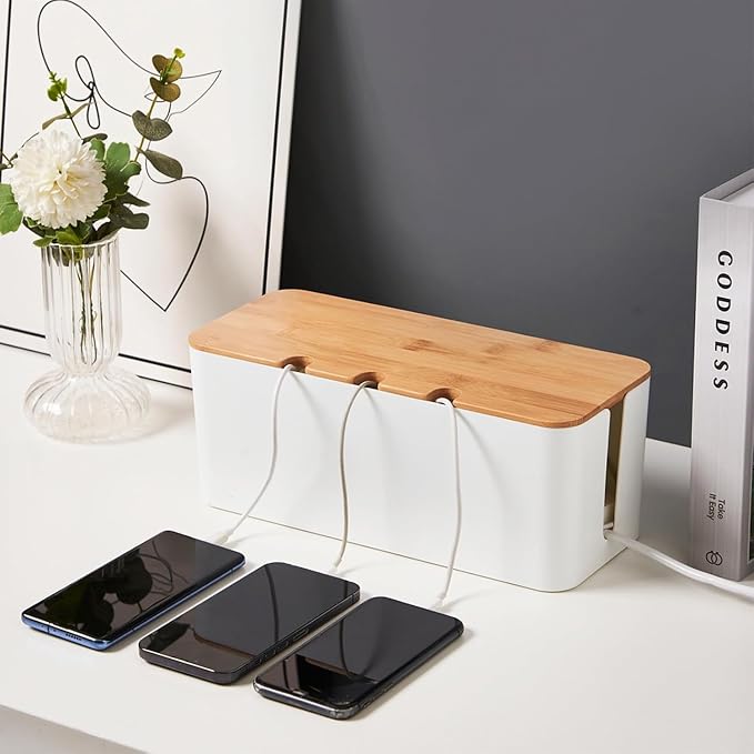 Cable Management Box with Bamboo Lid, Cord Organizer Box to Hide Wires & Power Strips, Extension Cord Power Stripe Surge Protector Wire Concealer Organizer Cover Hider (black-2pcs)