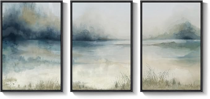 Large Framed Abstract Nature Landscape Wall Art for Living Room, 3 Piece Blue Watercolor Canvas Prints Paintings Artwork for Walls, Misty Lake Mountain Pictures for Hallway Office Wall Decor 24x36 In
