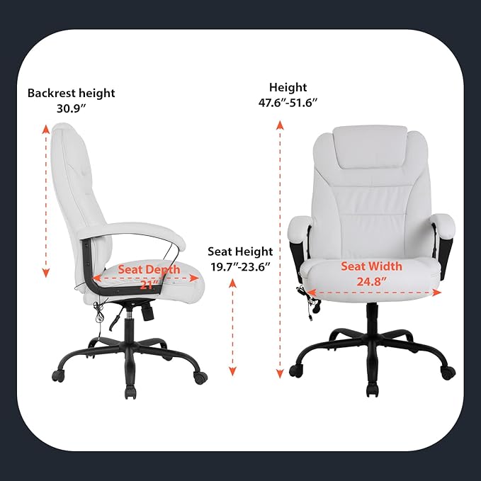 Office Chair Big and Tall 500lbs Ergonomic Computer Chair High Back PU Leather Wide Seat Desk Chair with Lumbar Support Arms Executive Task Chair for Hone Office,White