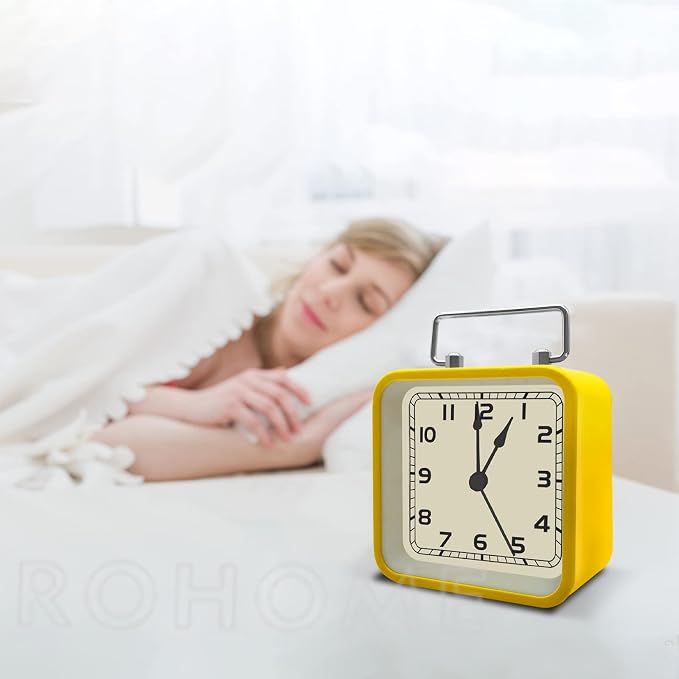 Rohome Small Alarm Clock, Retro Silent Quartz Movement with Night Light, Decorative Vintage Non Ticking Clock for Living Room, Office, Desk, Bedroom, Bedside, Hotel, Shelf, Nightstand (Yellow)