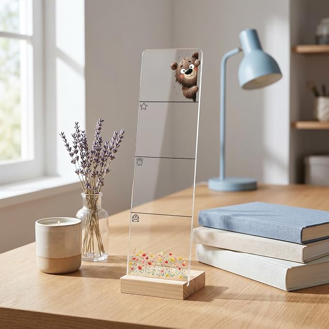 Sticky Note Holder, Monitor Memo Board, Acrylic Post It Note Holder with Wooden Base, Includes 200 Notes, Desk Organizer for Office Cute Bear Design