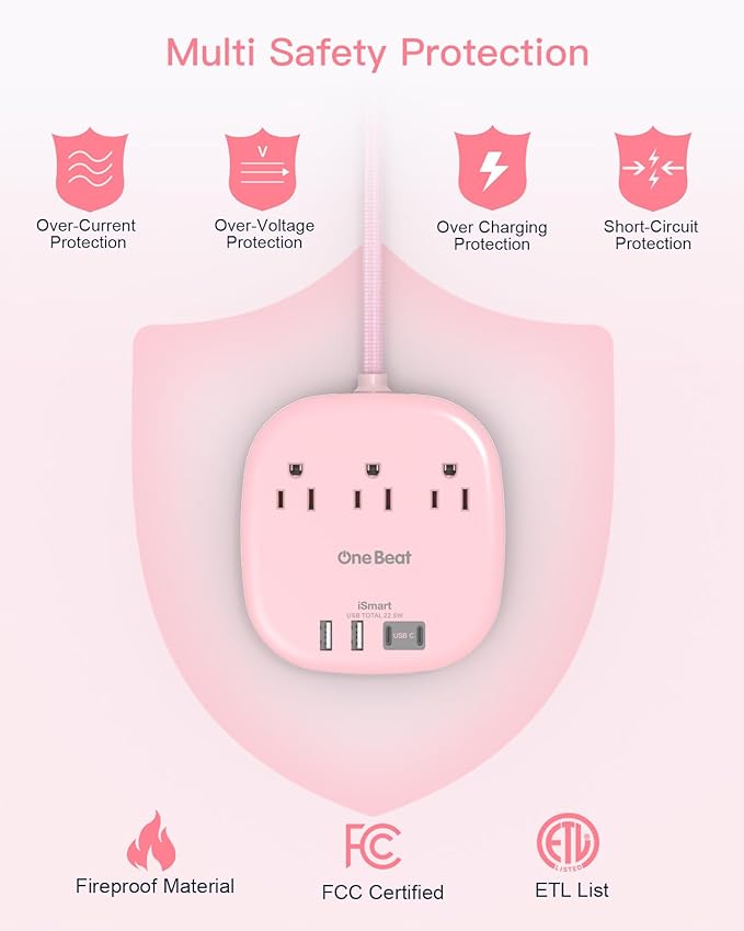10Ft Flat Plug Power Strip, Pink Flat Extension Cord - 3 Outlets 4 USB Ports (2 USB C) Desktop Charging Station, Cruise Ship Power Strip with No Surge Protection for Travel, Dorm Room Essentials