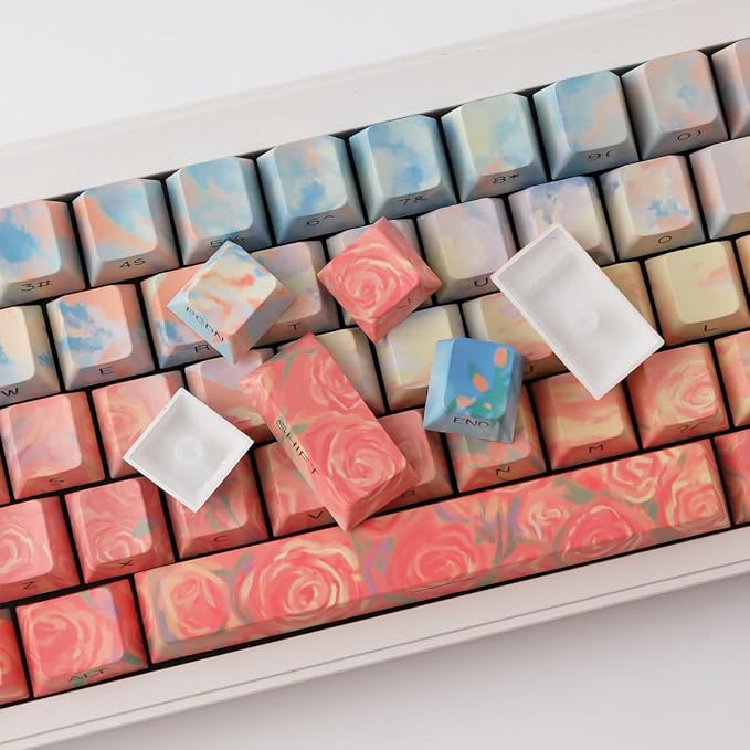 Tsungup Rose Pastel Keycaps,Side Print Custom Keyboard Keycap Set | Cherry Profile,135 Keys,Shine Through,PBT Keycaps for 60%65%75%100% Cherry Gateron MX Switches Mechanical Keyboard