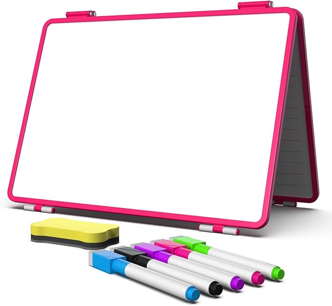 Dry Erase Board, Small WhiteBoard for Kids, 4 Writing Sides Desktop White Board, Small Dry Erase Whiteboard, 11.5x17inch Foldable WhiteBoard for School Office Desk(Pink)