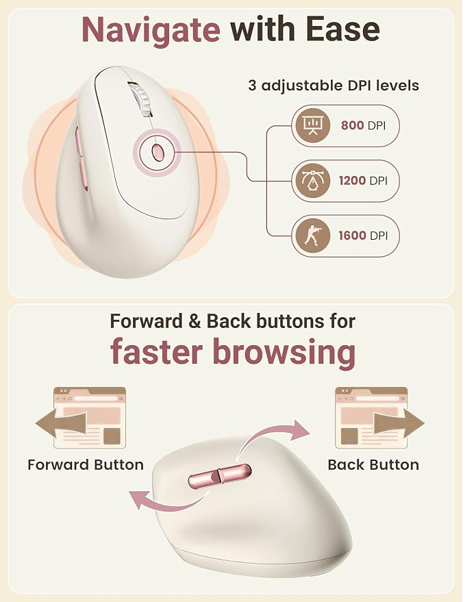 Ergonomic Vertical Wireless Mouse, 57°, Small/Medium Hands, Beige | Rechargeable, Quiet Click, 800/1200/1600 DPI, 2.4GHz USB Receiver, Forward/Back Buttons, Computer Mouse for Laptop PC Mac