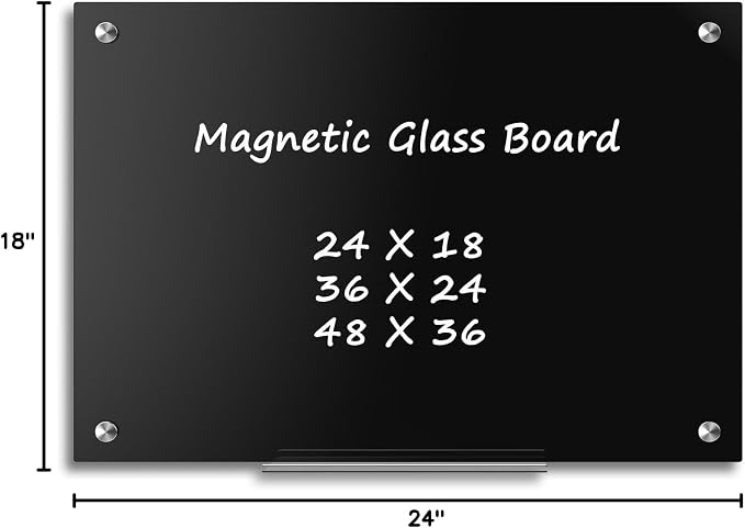 Magnetic Large Black Dry Erase Board, 24" x 18" | Black Glass Board Frameless Wall Mounted Glass Whiteboard for Office, School & Home with 1 Marker & 6 Strong Magnets