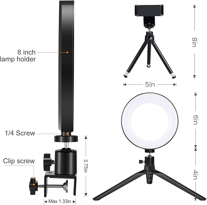 2 in 1 LED 6" Ring Light with Tripod Stand & Clamp for YouTube Video and Makeup, Mini LED Camera Light with Cell Phone Holder Desktop Lamp with 3 Light Modes & 11 Brightness Level