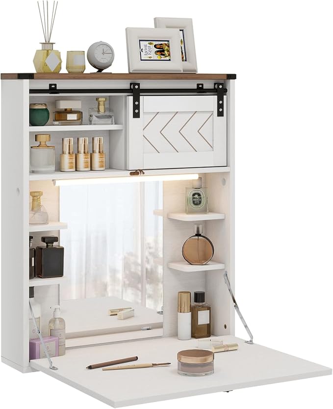 ARTETHYS Floating Vanity with Mirror & Lights White Wall Mounted Makeup Set | 3 Color Adjustable Magnetic Lights, Storage Shelves, Fold Down Desk, Farmhouse Dressing Table for Tiny Space