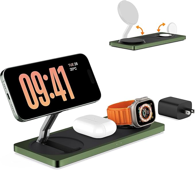 PETINO 3 in 1 Wireless Charging Station for Apple Devices with MagSafe | For iPhone 17/Air/16/15/14/13/12, AirPods & Apple Watch, Foldable Portable Aluminum Charging Stand, Adapter Included