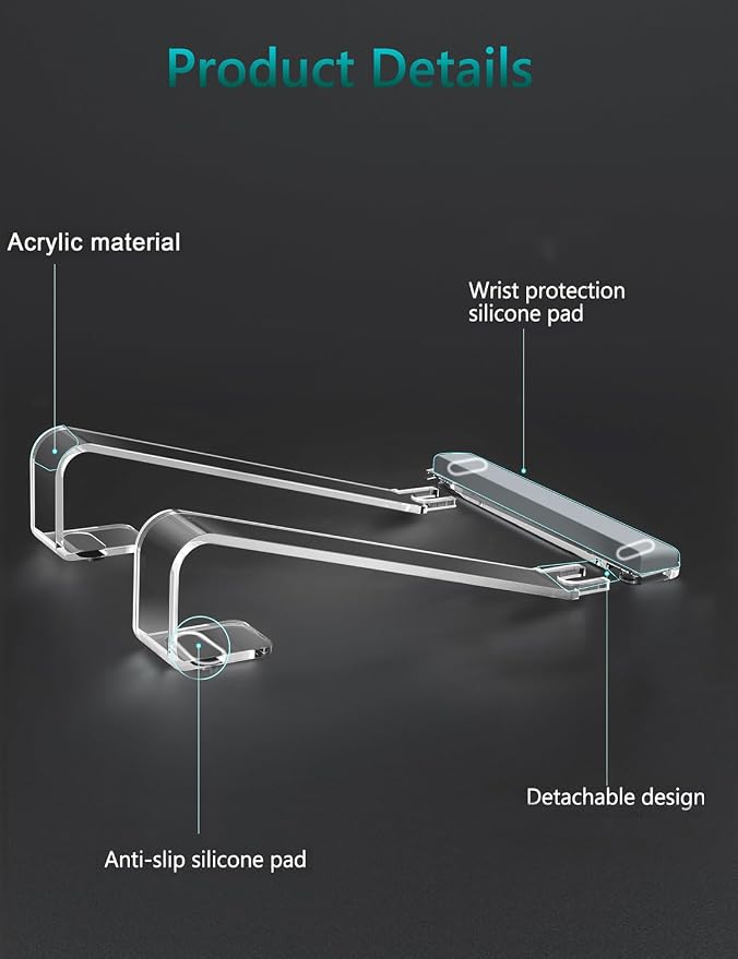 JCZT Clear Acrylic Laptop Stand for Desk, Laptop Riser with Wrist Rest | Ergonomic Detachable Portable Laptop Stand for Desk, Notebook Holder Compatible with MacBook Air Pro, All 10-17'' Laptops