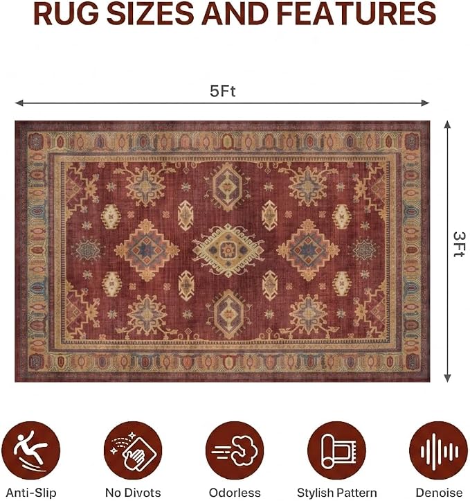 36"x60" Office Chair Mat for Hardwood Tile Floor, Under Desk Carpet Protector for Rolling Computer Chair Mat, Machine Washable Area Rug, Anti-Slip 1/5" Thick Low Pile Thin Vinyl Floor Mat, Crimson