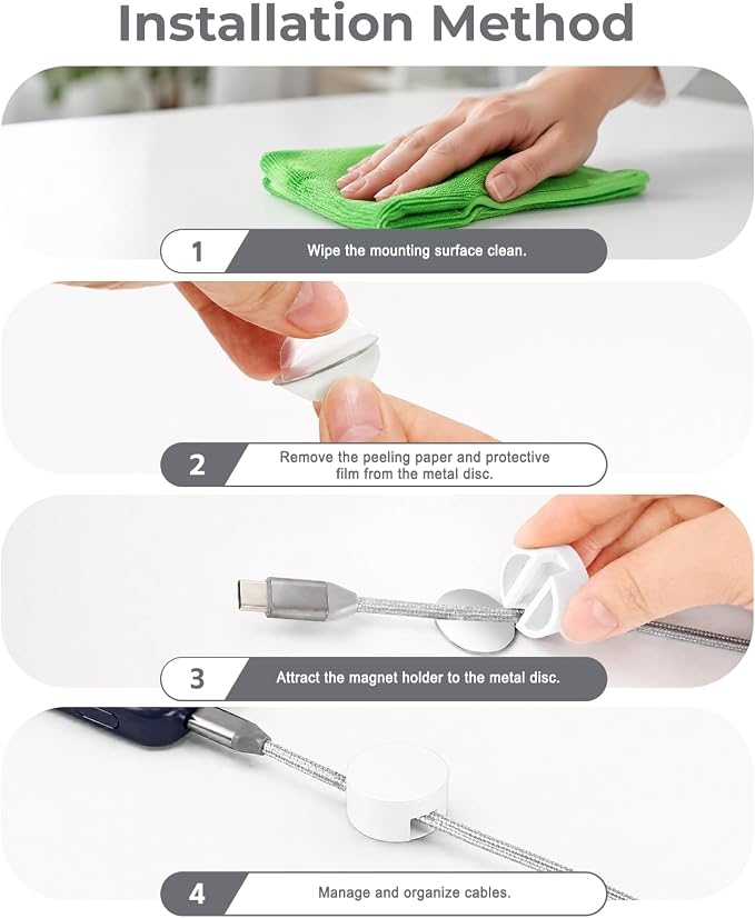 Magnetic Cable Holder, 8 Cable Clips for Desk Cord Management, White | Organize USB Wires, Laptop Chargers, Dashcam, Car Phone Lines, Home, Nightstand, Workspace & Travel RV Wire Organizers