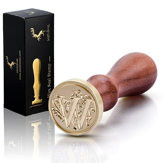 Medieval Initial Alphabet Sealing Wax Stamps, Brass Head Wooden Handle, for Thanksgiving Card/Envelope/Gift Wrap/Wedding Engagement Party Invitation - Letter W