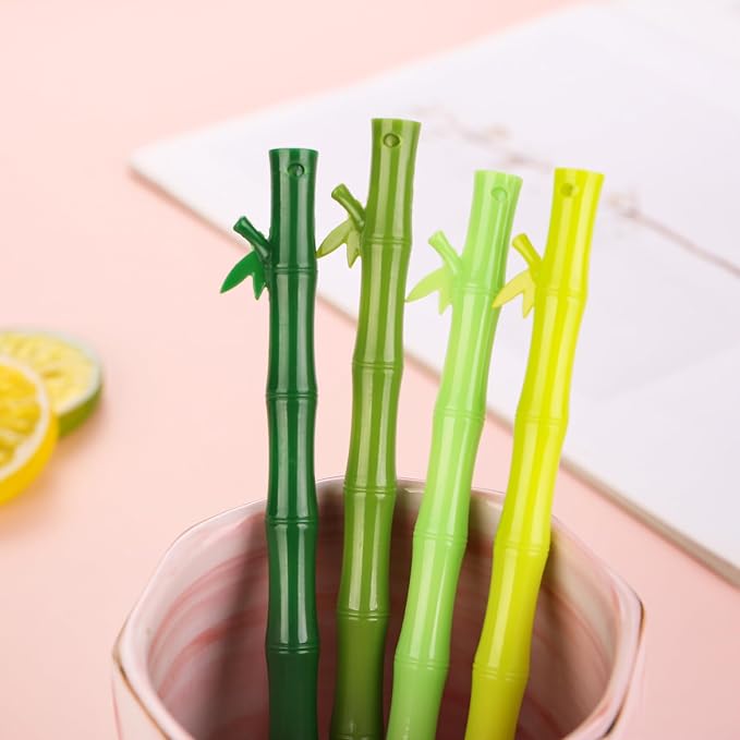 12 Pcs Novelty Green Plastic Bamboo Shape Gel Pens 0.5mm Black Ink Funny Kawaii Plant Writing Pen for Party Favors Ctue Adults School Office Gifts Stationery Supplies