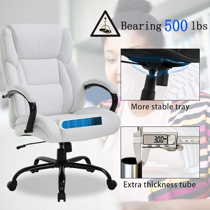 Big & Tall Office Chair Heavy Duty 50 Pound Computer Desk Chair, Ergonomic High Back Task Roller Swivel Chair with Lumbar Rest PU Leather Classic Executive Chair for Men Women White-10set