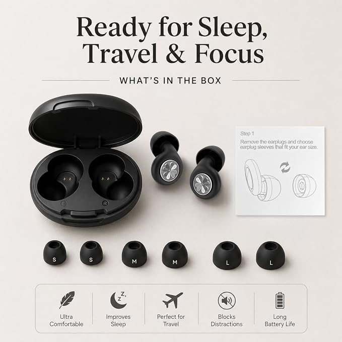 45dB Ear Plugs for Sleeping, Soft Silicone for Side Sleepers, 4 Sizes | Reusable soft silicone with XS/S/M/L sizes for side sleepers, concerts, flights and hotels; carrying case included.
