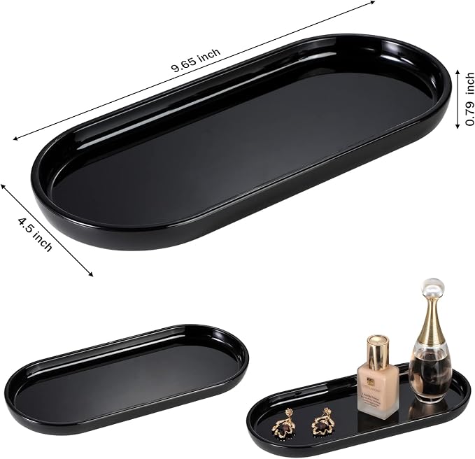 SheeChung Acrylic Vanity Tray, Bathroom Makeup Organizer Countertop, Black | 9.65" x 4.5", Perfume Jewelry Candle Dispenser Catchall Tray, Sturdy Holder for Cabinet Shelf Closet Drawer Organizer, 2 Pack