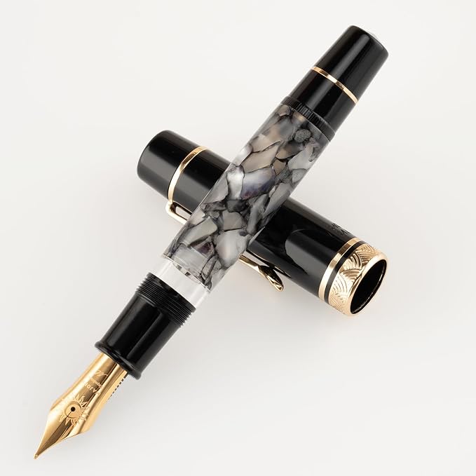 erofa Majohn P139 Piston Fountain Pen No.8 Medium Nib with Box, Gray Marble Acrylic Large Capacity Writing Pen
