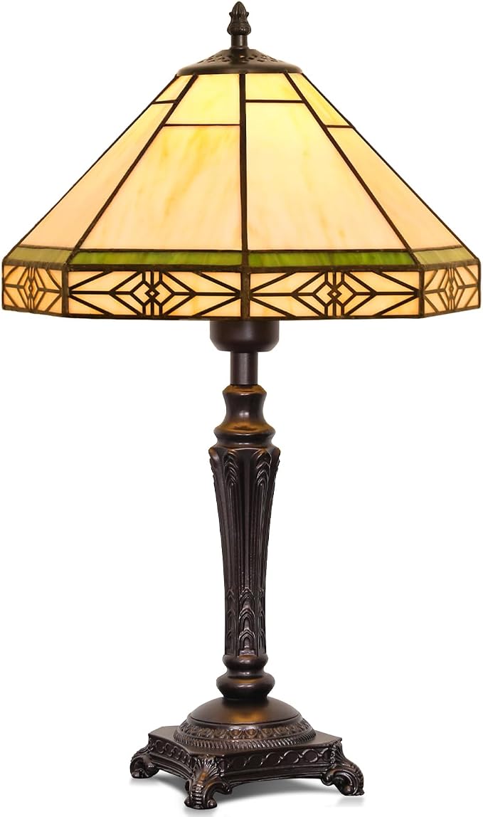 Table Lamp with Stained Glass Shade, Vintage Style Desk Lamp, Mid Century Modern Bedside Nightstand Decorative Lamps with Rocker Switch, Unique Accent Light for Bedroom Living Room Office (E26 Base)