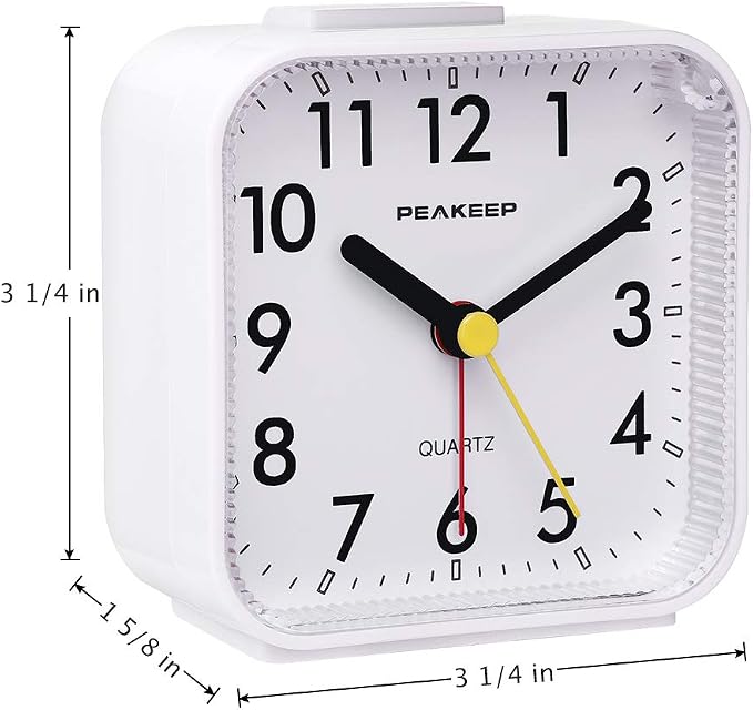 Peakeep Small Battery Operated Analog Travel Alarm Clock Silent | No Ticking, Lighted on Demand and Snooze, Beep Sounds, Gentle Wake, Ascending Alarm, Easy Set (White)