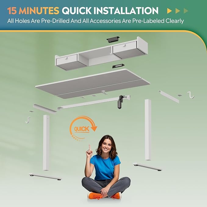 DEVAISE 55 Inch Standing Desk with Sheft, Ergonomic Computer Desk, White | LED Touchscreen, Headphone Hook, 3 Memory Preset, Home Office