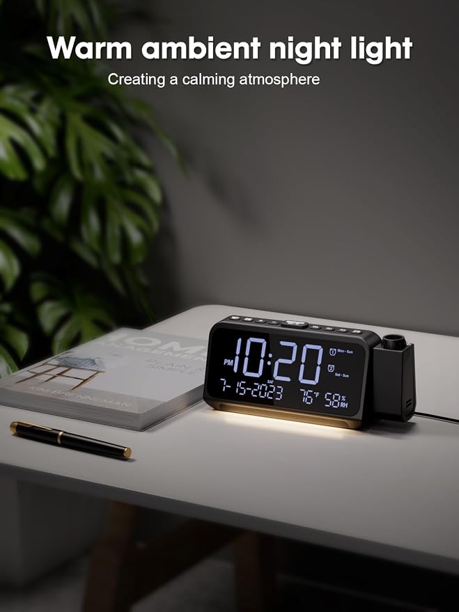ROCAM Projection Alarm Clock with 180° Ceiling Projector & Digital Display | 5-Level Dimmer, Dual Alarms, Night Light, Temp & Humidity Display, Weekday/Weekend Mode, DST, Snooze Function for bedroom