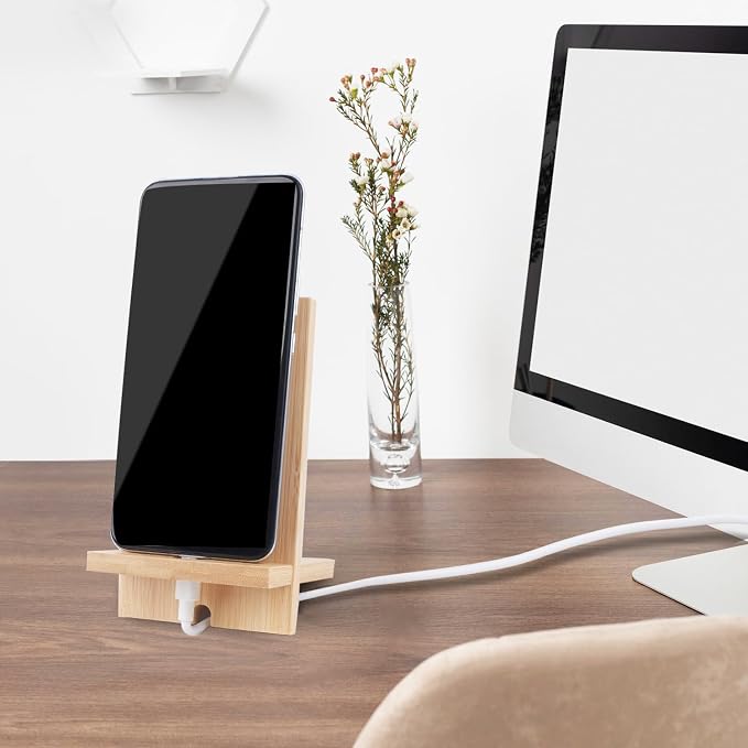 Mobile Stand Japanese Style Cellphone Holder Desktop Organizer Charging Station Compatible with All Smartphones Tablets Natural Bamboo Wood Portable Adjustable Angle (PATTERN-2HOLES)