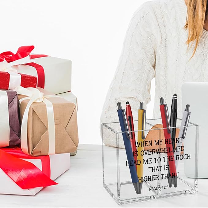 Inspirational Christian Acrylic Cosmetic Pencil Pen Holder Cup Religious Gifts for Women Men Psalm 61:2 Bible Verses Christian Decor for Home Office Desk Vanity Organizers and Accessories