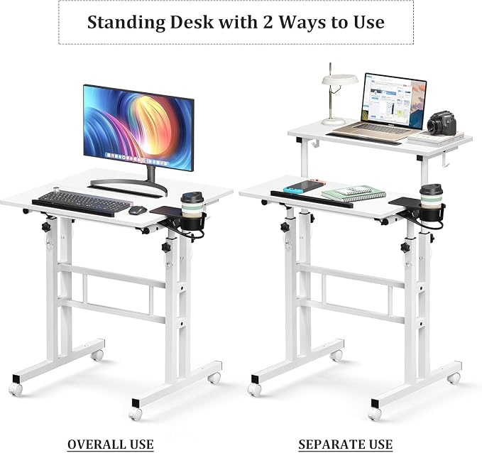 Simple Deluxe Split Top Rotating Standing Desk on Wheels – 23.6" Manual Adjustable Height Mobile Laptop Computer Table – Sit Stand Rolling Workstation with Tilt Function – White