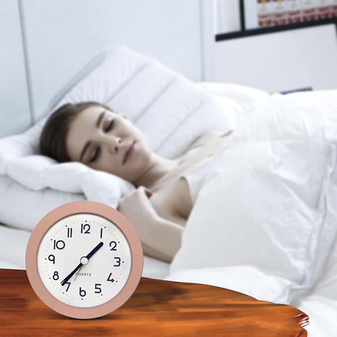 Alarm Clock with Backlight, 4 Inches Cute Analog Round Digital Quartz Clock, Non Ticking, Battery Operated ,Frosted Texture, Simply Design for Living Room, Bedroom ,Bedside, Desk Decorative(Pink)