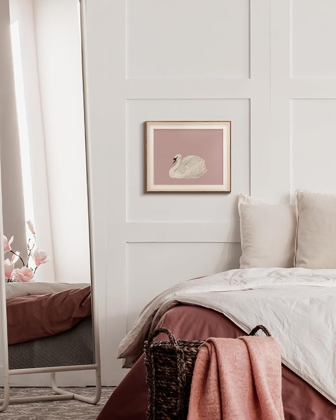 VIYYIEA Framed Wall Art for Living Room, Swan Canvas Prints, Pink Home Decor, Animals Painting Picture, Bathroom Wall Decor Gifts for Friends or Family -【Swan Pink】-(12L x 10W)