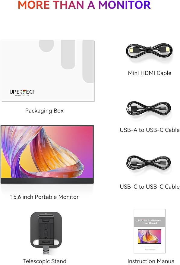 UPERFCET Portable Monitor, 15.6" 1080P 125% sRGB 2000:1 Contrast Ultra-Slim Laptop Monitor with Stand VESA USB-C Mini HDMI, Travel Second Screen for Computer, Phone, Mini PC, Game Consoles