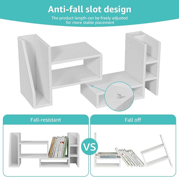 Desktop Shelf Desk Organizer File Holder - Dorm College Desk Bookshelf, Adjustable White Wood Shelving, Small Countertop Bookcase for Office Supplies, Student Study Desk & Home Organization Rack