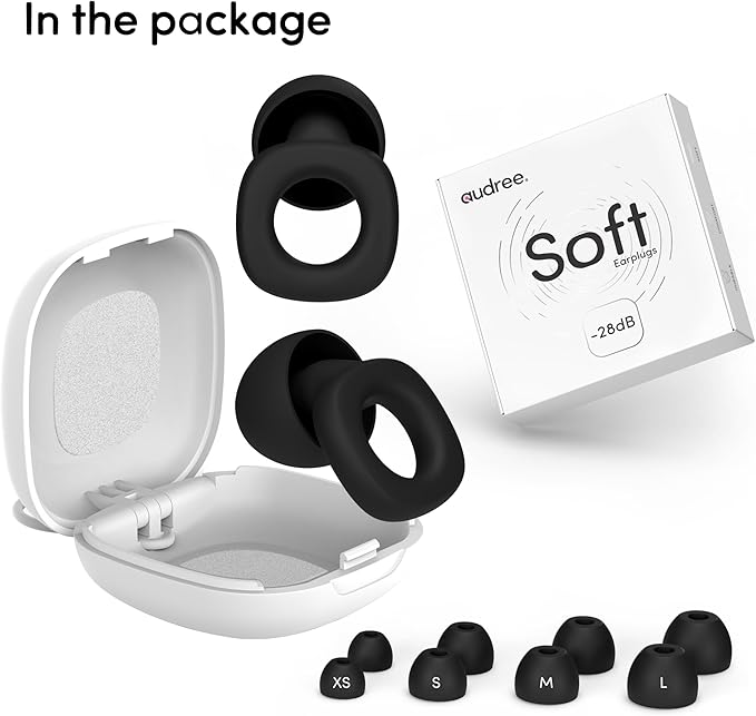 Audree Soft Ear Plugs for Noise Reduction, Reusable Flexible Earplugs for Sleep, Travelling, Focus, Study & Noise Sensitivity, 28dB Noise Cancelling, 8 Silicone Ear Tips in XS/S/M/L, Black