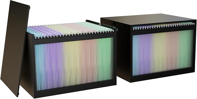 Bamboo Hanging File Organizer, Desktop File Box with Lids, 2 Pack, Black | Removable Lid, Clear Acrylic Side Panels, 4 Hanging Folders Included, Helps Reduce Dust, Letter & Legal Size, Easy Assembly